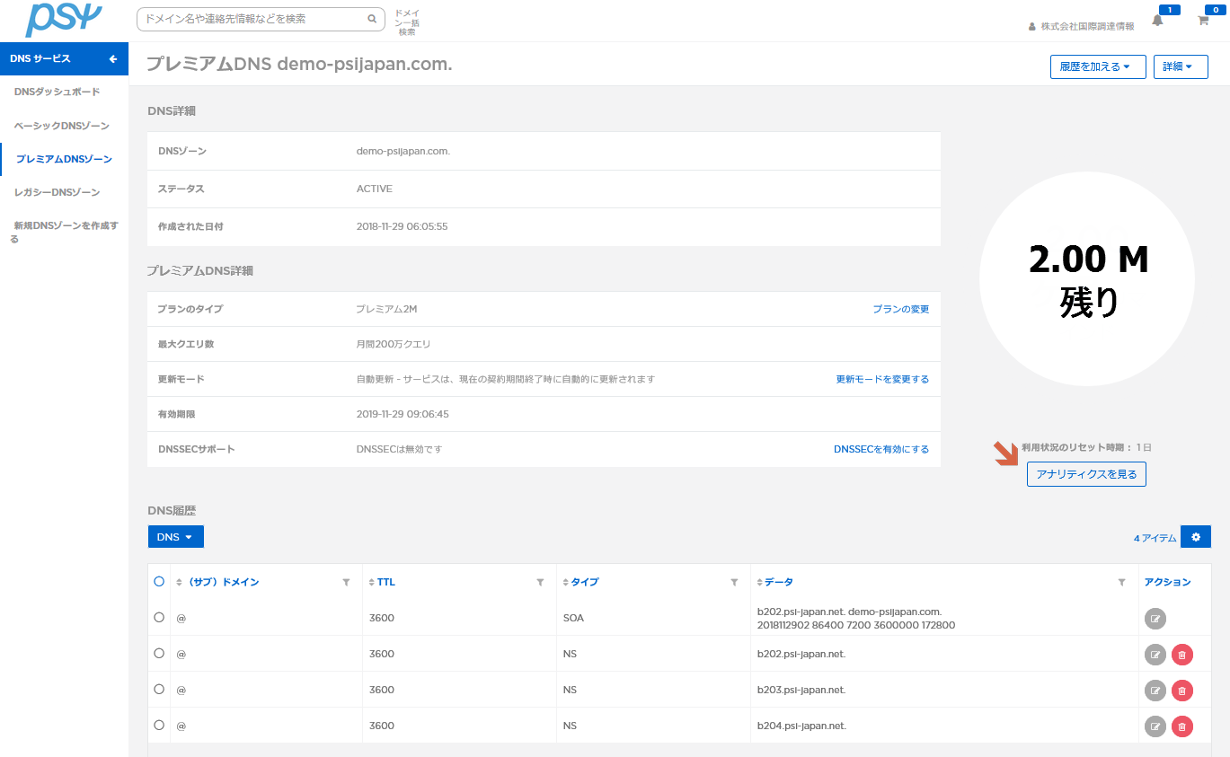 プレミアムDNS アナリティクスの表示